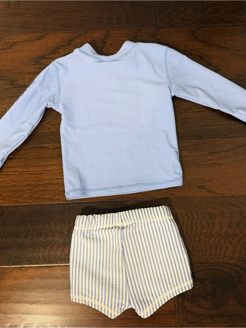 Rugged Butts Blue Seersucker Swim Shorts w matching Rash Guard Top 12-18 mo